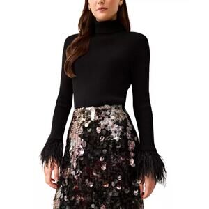 Marie Oliver Tucker Top Feather Black Turtle Neck Sweater Long Sleeve Small